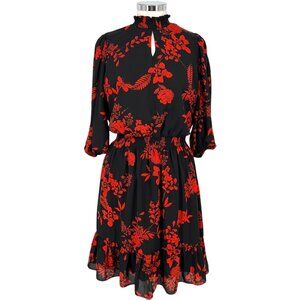 Nanette Lepore Floral Midi A-Line Dress High Neck Black Red Size 12